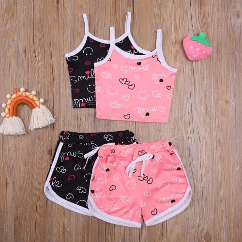 OPPERIAYA 2Pieces Kids Casual Set Baby Girls Letter Heart Print U-Neck Sleeveless Tops Short Pants Summer Black Pink 1-6 Years