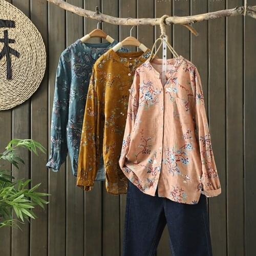 New Spring Comfort Cotton And Linen Shirt For Women Long Sleeves Vintage Floral Print Tops Blouses Stand Collar Casual Camisas