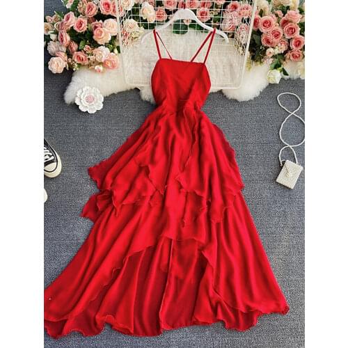 Sexy Red/White Party Spaghetti Strap Long Dress Women Vacation Beach Irregular Ruffle High Waist Vestidos 2021 New Spring Summer