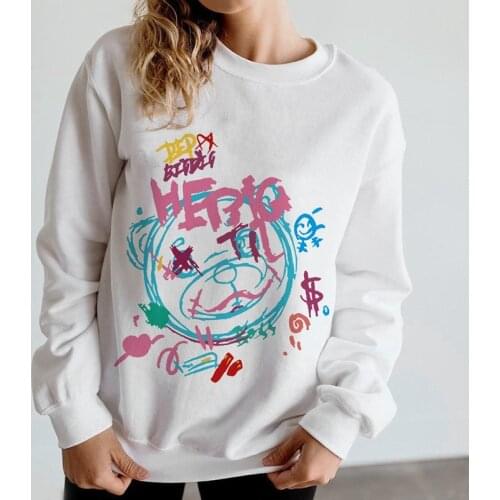 SUNOWE Hip Hop Cool Bear Print Hoodies Cartoons Graffiti Fashion Pullovers Ladies Solid Color Hooded Sleeve Sweatshirt