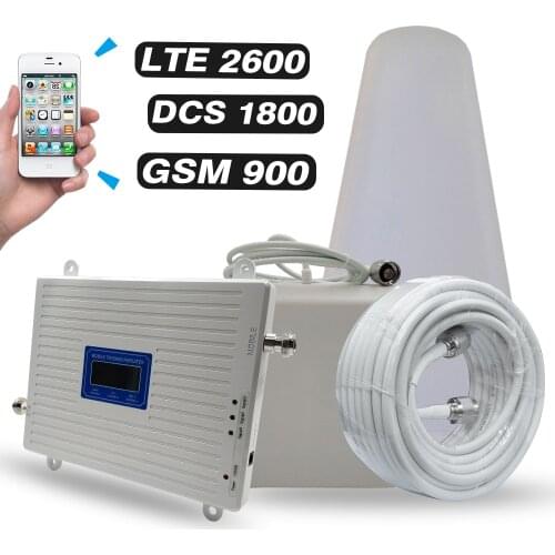 GSM DCS LTE Tri Band Booster 2G 900MHz+4G DCS/LTE 1800(B3)+4G LTE 2600(B7) Cellphone Signal Repeater Cellular Amplifier Full Set