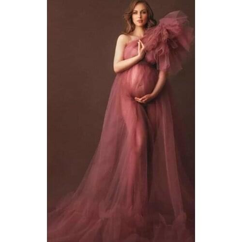Maternity Shoot Tulle Robes Prom Dresses Sheer Long Photoshoot See Thru Fluffy Tiered Tulle Robe Formal Evening Dress 2021