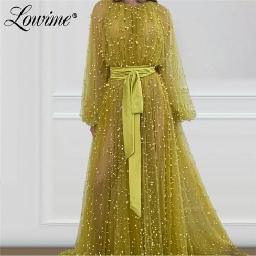 Illusion Heavy Pearls Party Dress Arabic Full Sleeves Evening Dresses 2020 Custom Made Plus Size Dubai Celebrity Dresses Prom