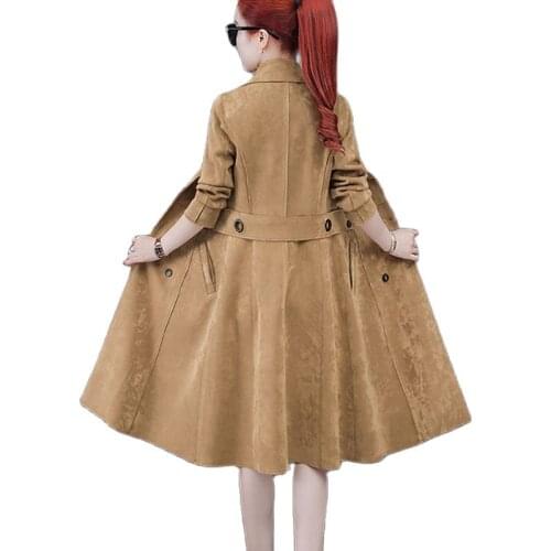 2021 New Womens Long Deerskin Fleece Windbreaker Spring Autumn Windproof Overcoat Double breasted Casual Thin Trench Coats 3XL