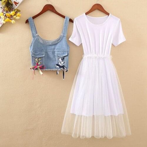 Korean Two Piece Set Suits Women Chic Mesh Sheer Ruched Ruffle Midi Dress + Ribbon Lace Up Denim Straps Jeans Vest Coat Sets New