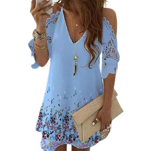 Women Mini Dress Printed V Neck Women Off Shoulder Hollow Out Patchwork Dress Wedding Party