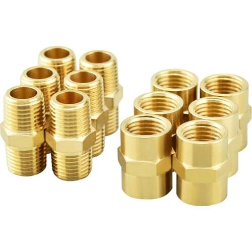 12PCS Pneumatic Tools Supporting Brass 1 / 4NPT Double Head Threaded Connector Metal Brass Pipe Fittings