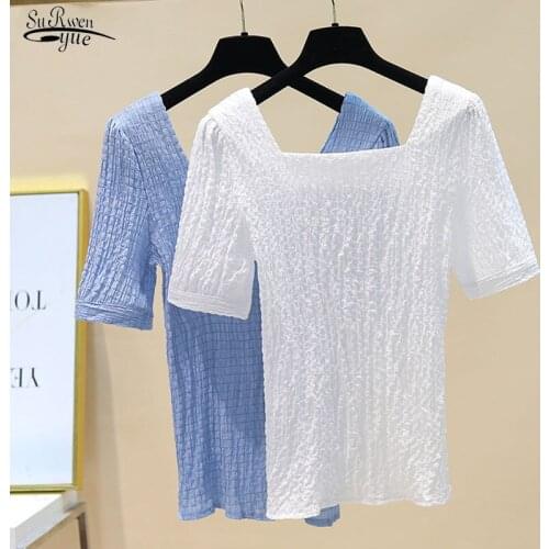 Office Lady Slim Fashion Folds White Tops Squre Collar Summer Chiffon Shirts Loose Elegant Blouses Bottoming Women Blouses 14730