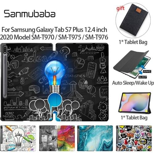Sanmubaba Case For Samsung Galaxy Tab S7 Plus 12.4 inch 2020 PU Leather Flip Smart Cover Tri-fold Tablet Case SM-T970 T975 T976