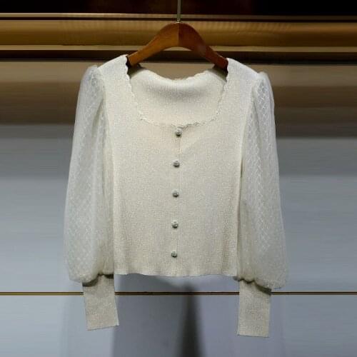 N2021 spring new style square collar single row drill button lace lantern long sleeve T-shirt womens slim top 10b3606