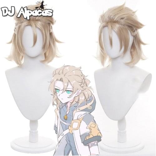 Genshin Impact Game Albedo Cosplay Short Linen Gold Wig Anime Heat Resistant Synthetic Wigs Halloween Free wig Cap