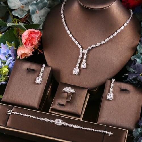 Janekelly 4pcs Bridal Zirconia Full Jewelry Sets For Women Party, Luxury Dubai Nigeria CZ Crystal Wedding Jewelry Sets