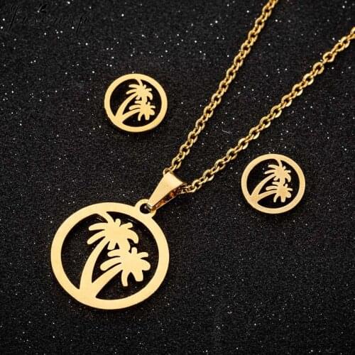 Jisensp Stainless Steel Jewelry Sets Summer Beach Style Tropical Coconut Trees Charm Necklace Earrings for Women Girls Gift