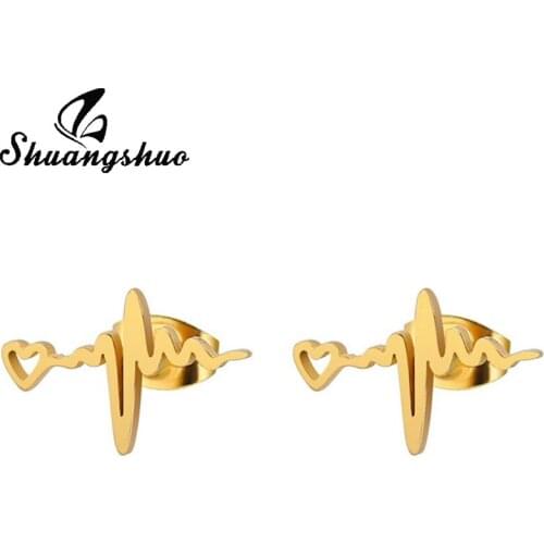 Shuangshuo Fashion Gold Heartbeat Stud Earrings ECG Medical Stainless Steel Jewelry For Nurse Doctor Cute Women Earrings bijoux