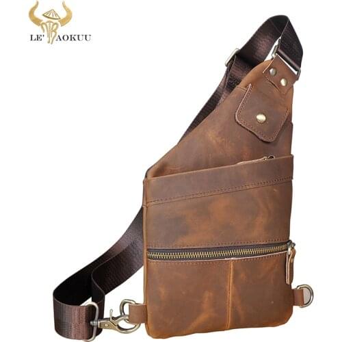 Men Crazy Horse Leather Casual Fashion Triangle Chest Sling Bag 8" Tablet Travel Design One Shoulder Cross body Bag Male 20815