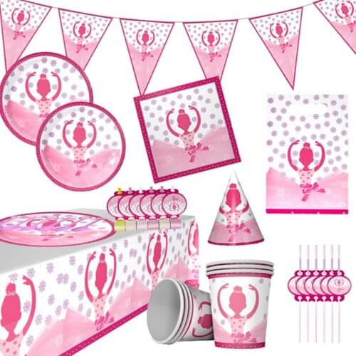 Pink Ballet Girl Theme Party Disposable Tableware Set Paper Cups Plates Tablecloth Blowout Girl Birthday Party Supply Decoration