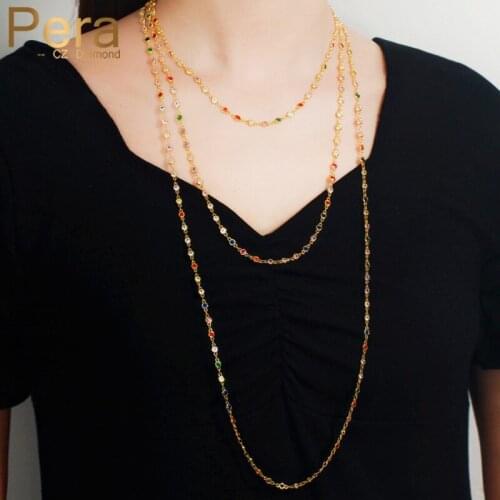 Pera Famous Designer Round Colorful CZ Crystal Indian Gold Long Multilayer Sweater Chain Necklace for Women Dress Jewelry P020