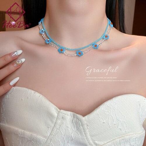 Womens Korean Sweet Flower Strand Chokers Necklaces 2021 Layers Blue Seed Beads Clavicle Chain Lady Graceful Neck Accessories
