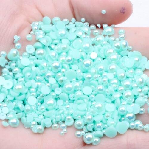 Half Round Pearls Lake Green AB 2-12mm And Mixed Sizes Non Hotfix Glue On Resin Beads DIY Nail Art Garment Decoration