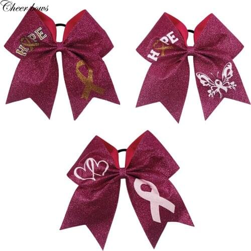 Breast Cancer Pink Cheer Bow Glitter Printed Hair Bow With Elastic Hair Ropes High Quality Handmade For Girls Hair Accessories