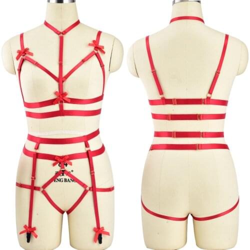 Sexy Bow Body Harness Pastel Goth Bondage Set Punk Lingerie Pole Dance Erotic Cage Bra Fetish Bustier Stocking Harness Belt