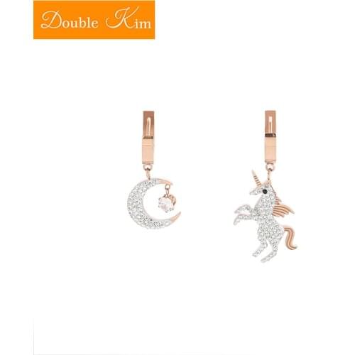 Unicorn Moon Zircon Stud Earrings Titanium Stainless Steel Inlaid Zircon Earrings Rose Gold Color Trendy Fashion Women Jewelry