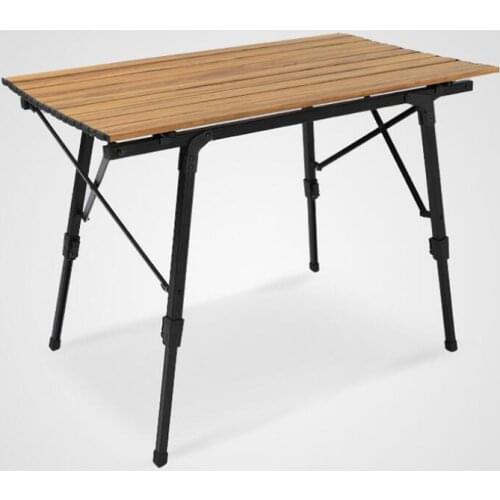 Outdoor Folding Table Portable Picnic Camping Table Wood Grain Aluminum Telescopic Desk Adjustable Height Roll Up Table Top