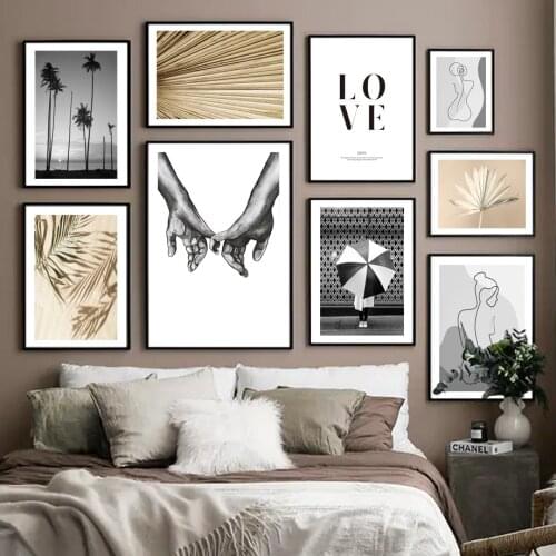 Hold Hands Palm Leaf Sunset Tree Abstract Line Girl Wall Art Print Canvas Painting Nordic Poster Decor Pictures For Couples Room