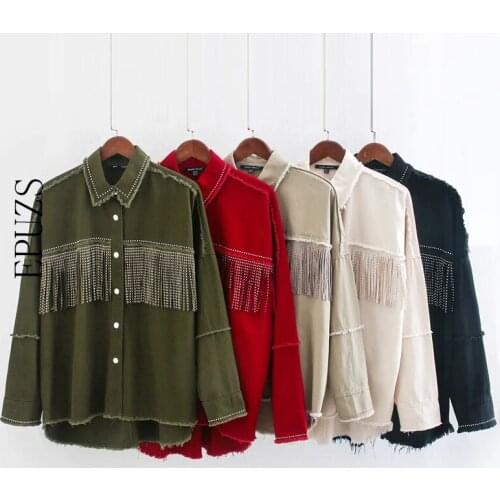 Vintage black tassel Denim jacket women Streetaear long sleeve coat casual office jeans jacket 2020