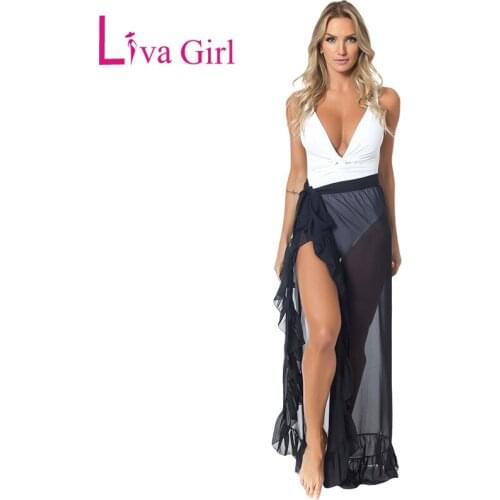 LIVA GIRL Black/White Ruffled Tulle Bikini Beach Cover up Maxi Skirt Women Swimsuit Sexy Sheer Beach Skirts Robe de Plage Sarong