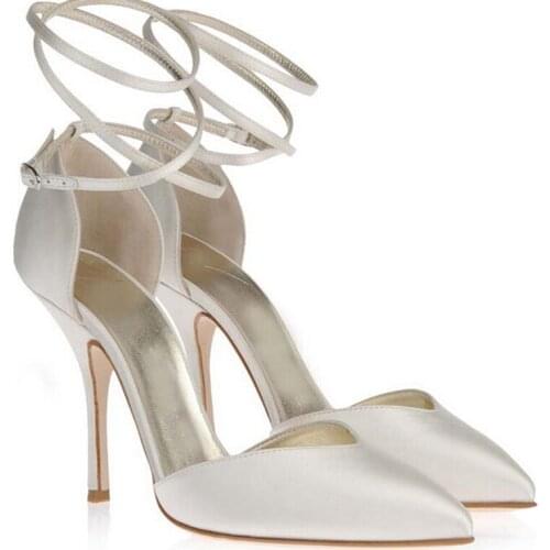 Women Custom Handmade Elegant Ivory Satin High Heels Bridal Shoes Evening Party Shoes Pointed Toe Ankle Straps Prom Party Shoes