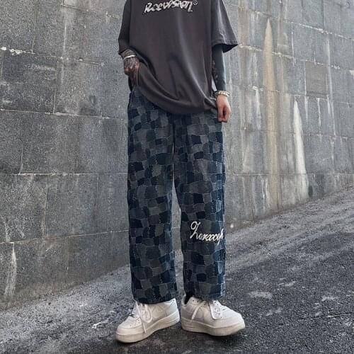 Harajuku INS Trend Design Sense Spring And Summer Womens Jeans Salt Lattice Letter Printing Straight Wide-Leg Mens Trousers
