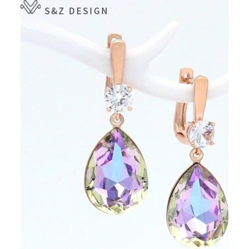 S&Z DESIGN Korean Fashion Colorful Water Drop Crystal Dangle Earrings For Women Wedding Jewelry 585 Rose Gold Zirconia Eardrop