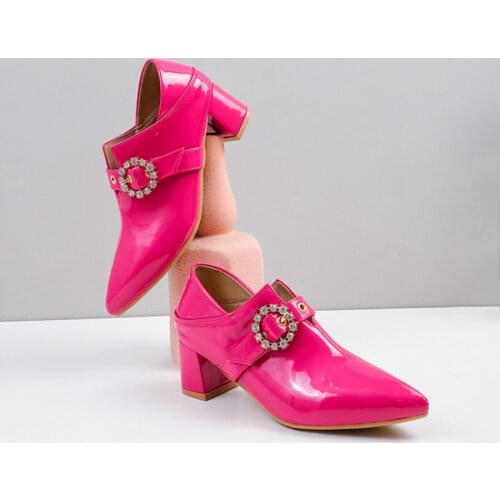 Ochanmeb Oversized Big Plus Size 50 Women Elegant Rhinestone Buckled Strap Block Medium Heels Shoes Candy Color Hot Pink Pumps