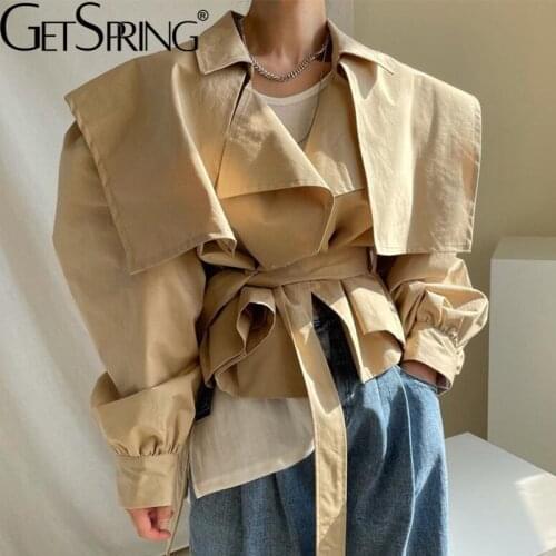 Getspring Women Trench Coat Bandage Puff Sleeve Short Trench Coat Femme All Match Vintage Casual Spring/autumn Coat Jacket 2021
