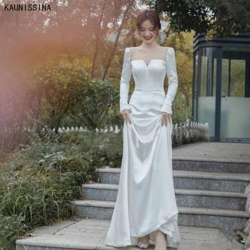 KAUNISSINA Long Sleeve Satin Wedding Dresses for Women Square Collar Floor-Length Elegant Bridal Gown White Simple Bride Dress