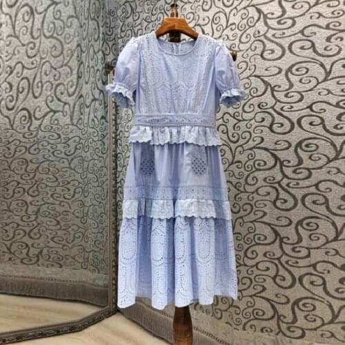 100%Cotton Womens Dress 2021 Summer Style Ladies O-Neck Hollow Out Embroidery Ruffle Deco Short Sleeve Mid-Calf Vintage Dress