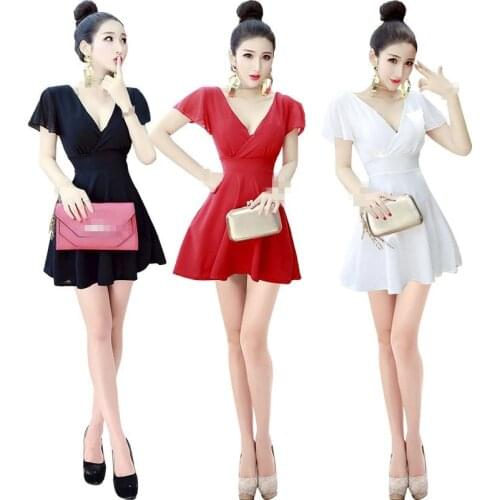 ZB3130 2020 summer new night club womens fashion sexy low-cut deep v-neck chiffon slim big swing dress cheap wholesale