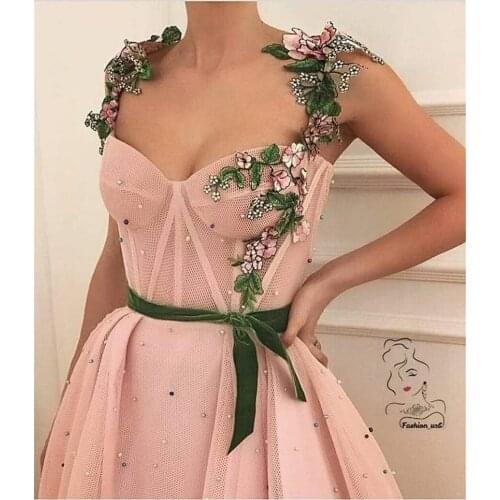 GY Sexy Fashion Evening Dress Pink A-line Straps Green 3D Floral Matte Tulle Elegant Long Prom Dresses vestido de festa longo