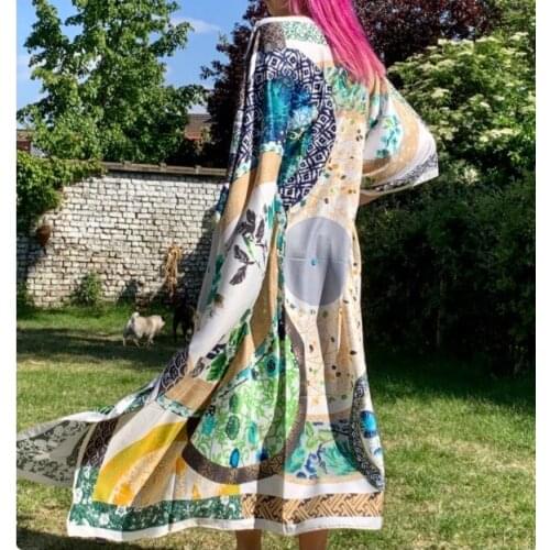 2020 Middle East Popular Printed Batwing Sleeve Summer Bohemian Silk Maxi dress мусульманская Turkey Women outlet Silk kaftan
