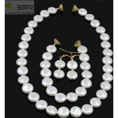 2021 12MM White Coin Pearl Necklace Bracelet Drop Earrings Sets Pearl Beads Fashion Jewelry Making Design Gold Magnetic Clasp