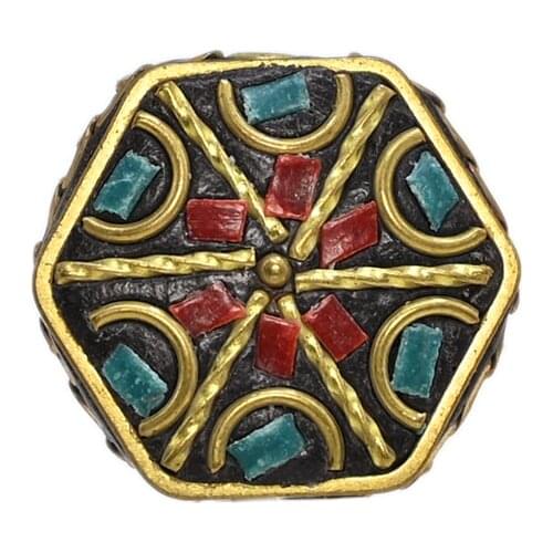 TZB03 Antique Nepal Handmade hexagon Brass With Synthetic Coral And Turkey stone Bracelet DIY Bead For Necklace Making