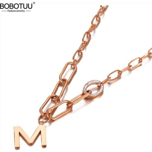 BOBOTUU Goth Titanium Stainless Steel Clay Crystal M Letter Pendant Necklace For Women Trendy Chain & Link Necklace BN20099