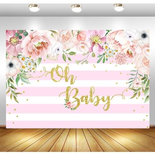 Baby Shower Backdrop For Oh Baby Watercolor Flowers Photography Backgrounds Pink White Stripes Baby Shower Party Decor Banner