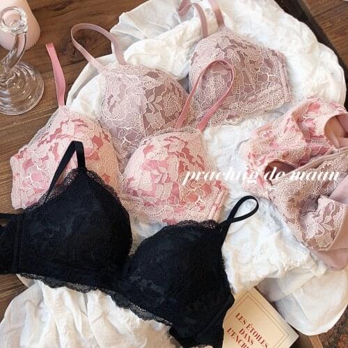 French Underwear Sexy Lace Bra Set Womens Rimless Girl Super Light Triangle Cup Push up Bralette And Panties Sleepwear Sets