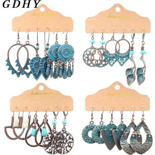 GDHY Ethnic Bronze Metal tassel drop Earrings Irregular Geometry Hollowed pattern Long Hanging Ears Women Sets Earrings Jewelry