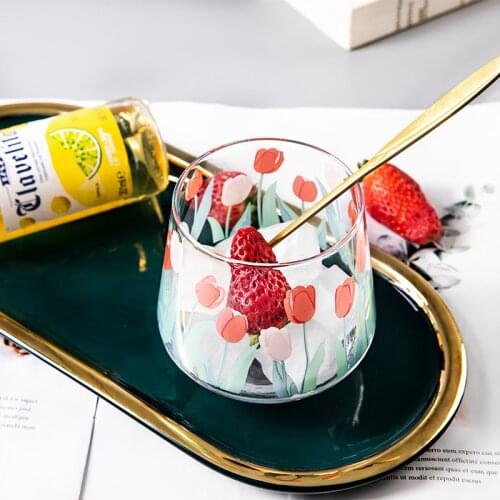 Hot Tulip Ins Flower Glass Cup Japan And South Korea Hand-painted 390ML Multi-Purpose Transparent Beer Whisky Milk Glass Cup New