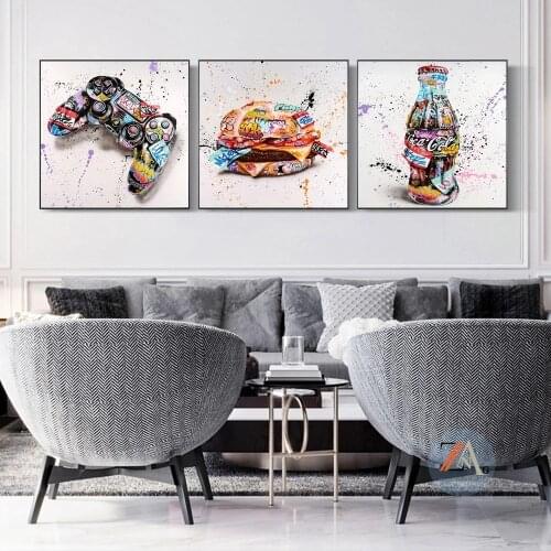 Doodle burger game controller drink street art canvas living room decoration home poster