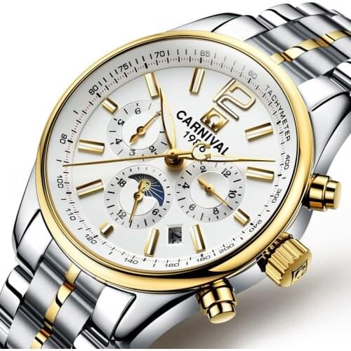 CARNIVAL New Business Watch Automatic Luminous Clock Men Waterproof Mechanical Watch Top Brand Moon Phase Relogio Masculino 2021