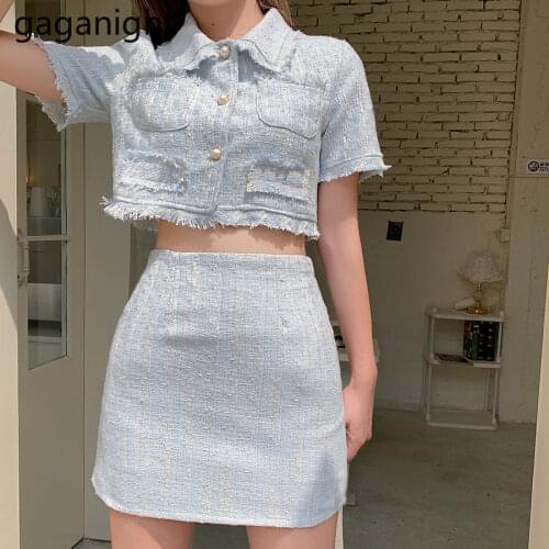Gaganight Casual Plaid Tweed Two-piece Women Sets Single Breasted Cropped Jacket High Waist Skirt Suit Elegant Office Ladies Set